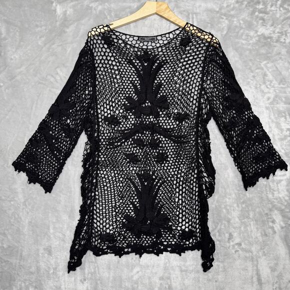 Zashi Crochet Sweater Womens XL Black Boho Festival Open Knit Floral Whimsigoth - Picture 1 of 8